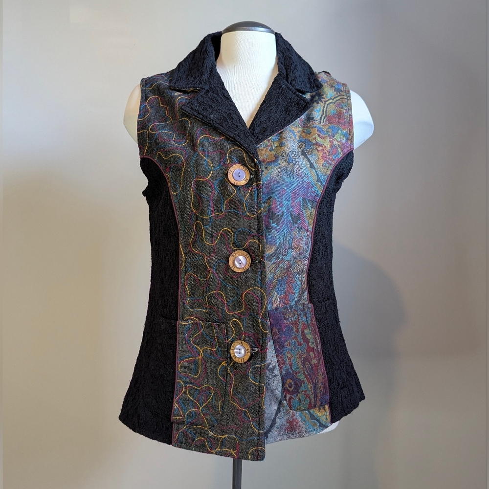 Parsley and Sage Black Embroidered Cotton Vest Raw Boho Whimsy Medium Details